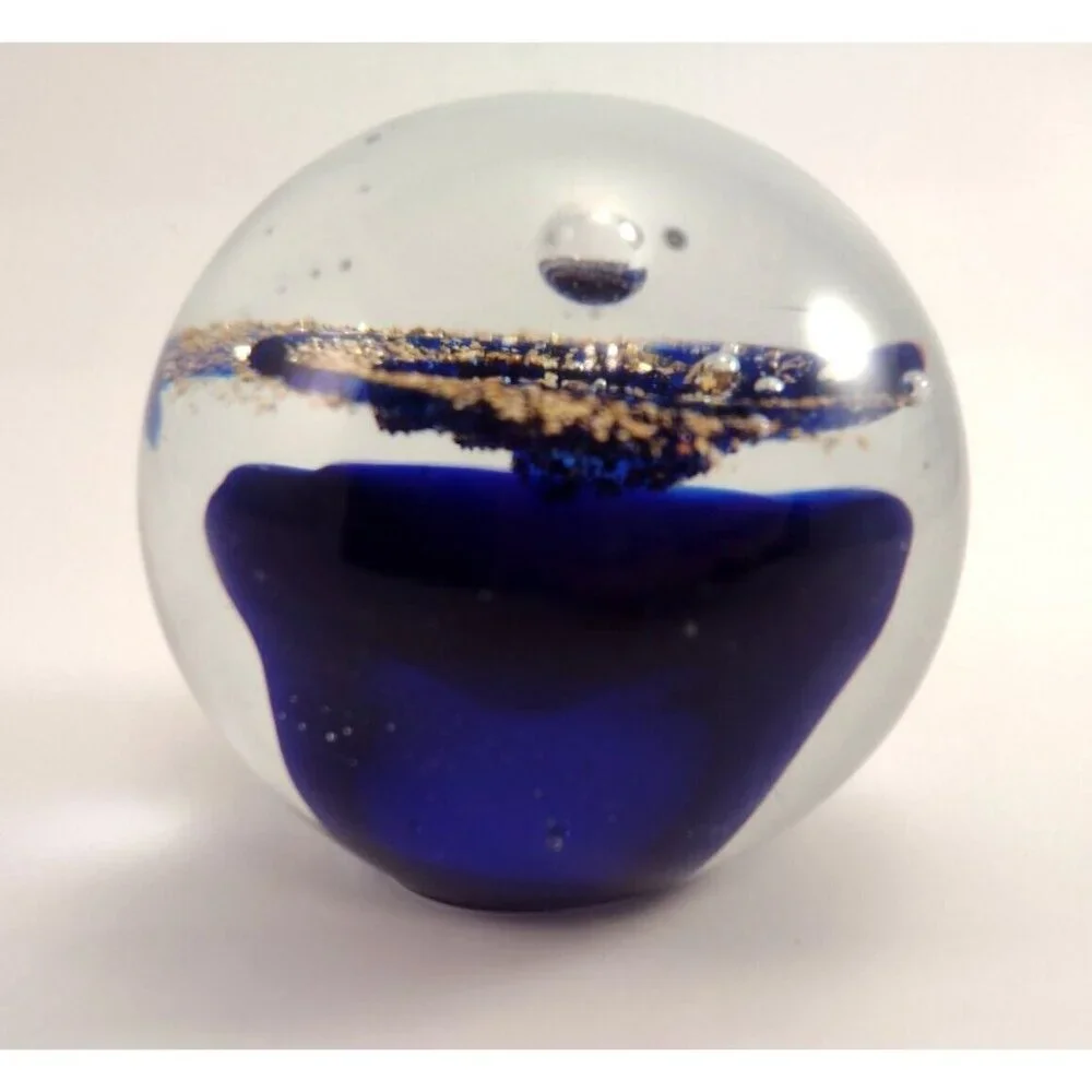 West Elm Blue Gold Large Galaxy Crystal Glass Paperweight Space Universe Retired
